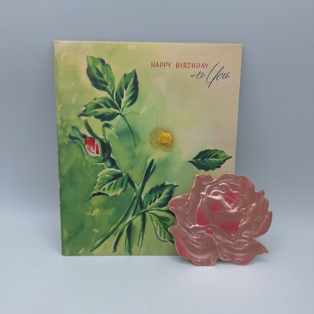 Vintage Happy Birthday Greeting Card Floral‎ Rose Satin Blossoms